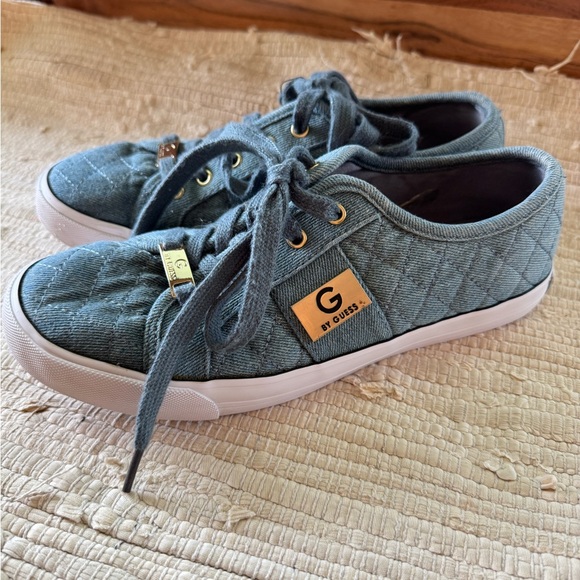 G BY GUESS Blue Quilted Sneakers Los Angeles Backer Lace-up Denim Women’s 7 - Picture 1 of 6